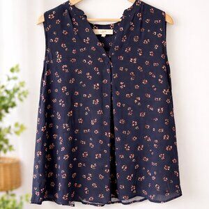 LOFT Navy Floral Sleeveless Blouse XL | V-Neck Flowy Tank Top